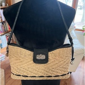 Brighton jute shoulder bag, black leather accents
